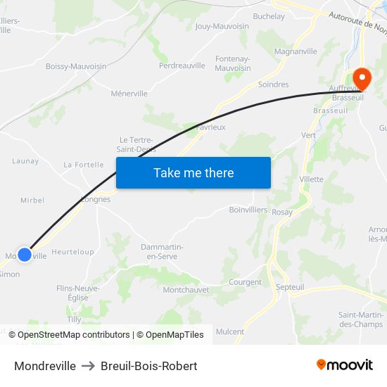 Mondreville to Breuil-Bois-Robert map