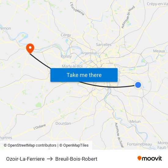 Ozoir-La-Ferriere to Breuil-Bois-Robert map