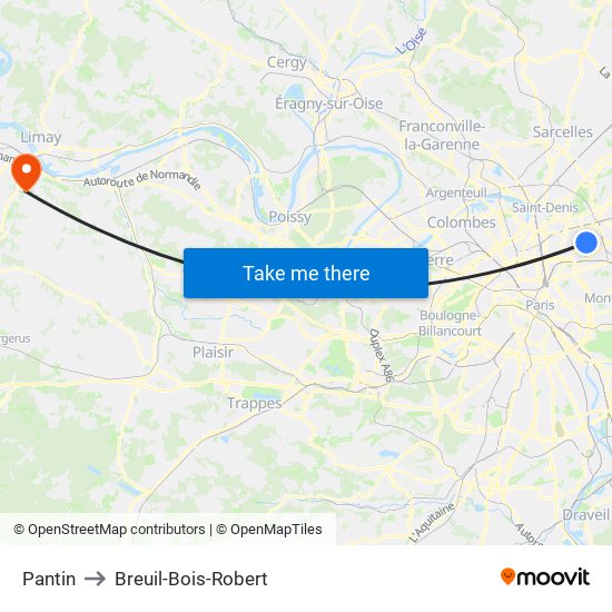 Pantin to Breuil-Bois-Robert map