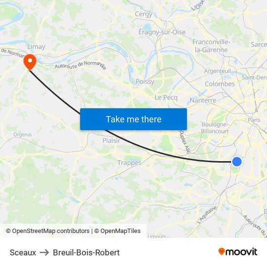 Sceaux to Breuil-Bois-Robert map