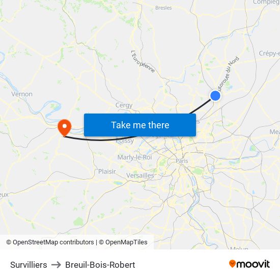 Survilliers to Breuil-Bois-Robert map