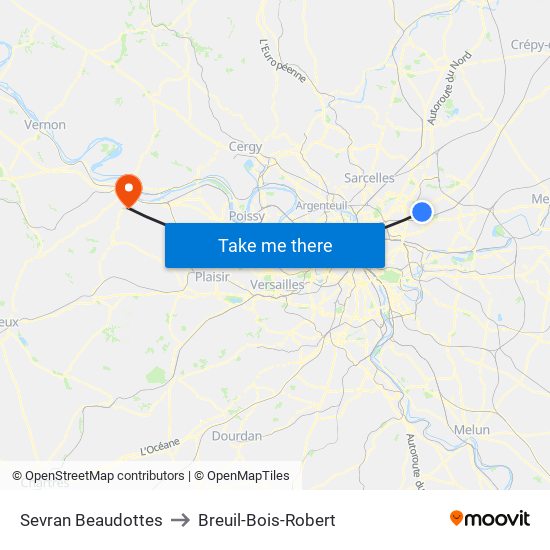 Sevran Beaudottes to Breuil-Bois-Robert map