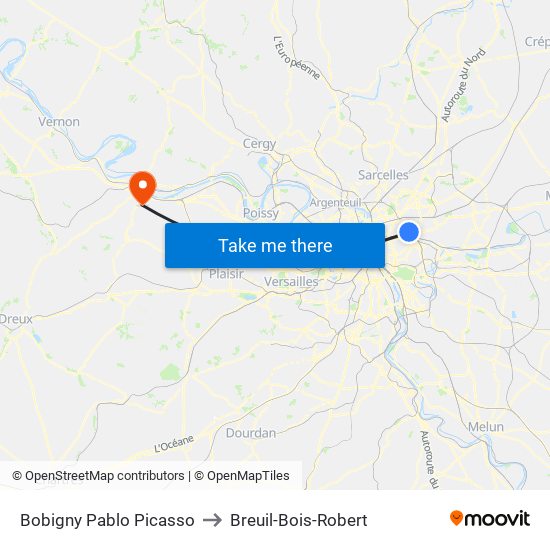 Bobigny Pablo Picasso to Breuil-Bois-Robert map