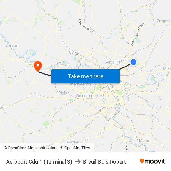 Aéroport Cdg 1 (Terminal 3) to Breuil-Bois-Robert map