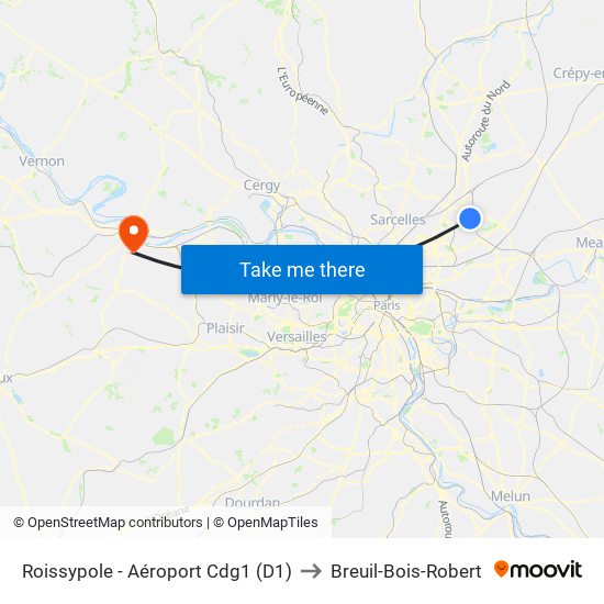 Roissypole - Aéroport Cdg1 (D1) to Breuil-Bois-Robert map