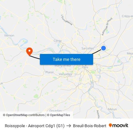 Roissypole - Aéroport Cdg1 (G1) to Breuil-Bois-Robert map