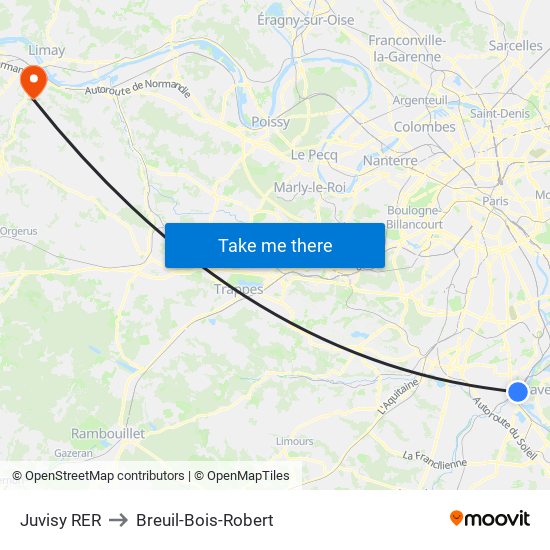 Juvisy RER to Breuil-Bois-Robert map
