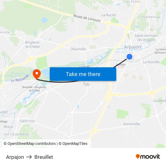 Arpajon to Breuillet map