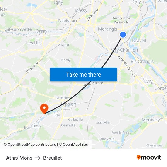 Athis-Mons to Breuillet map