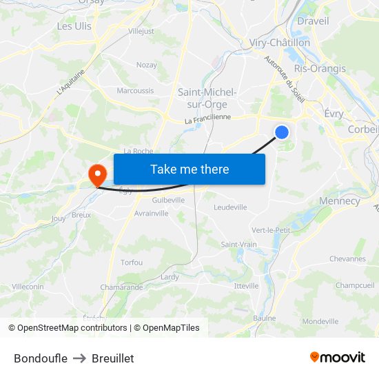Bondoufle to Breuillet map