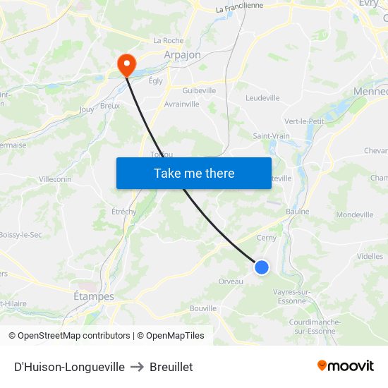 D'Huison-Longueville to Breuillet map