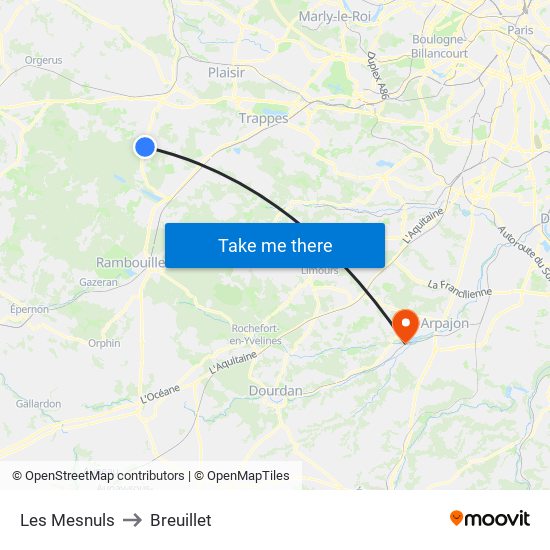 Les Mesnuls to Breuillet map