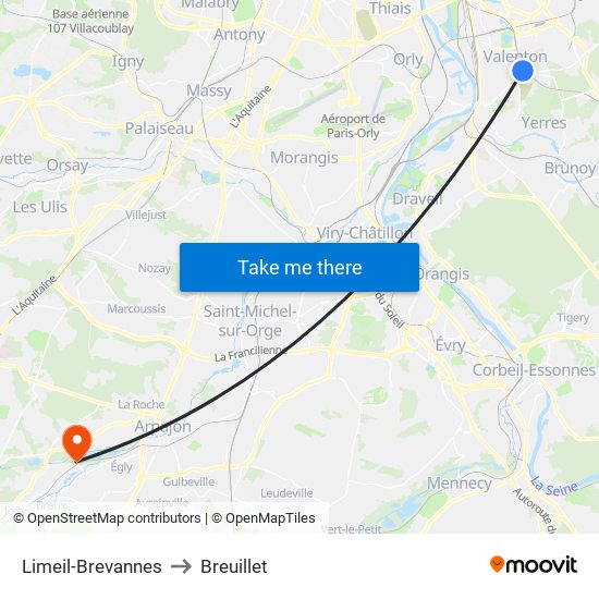 Limeil-Brevannes to Breuillet map