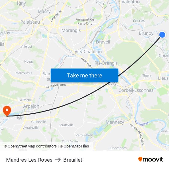 Mandres-Les-Roses to Breuillet map