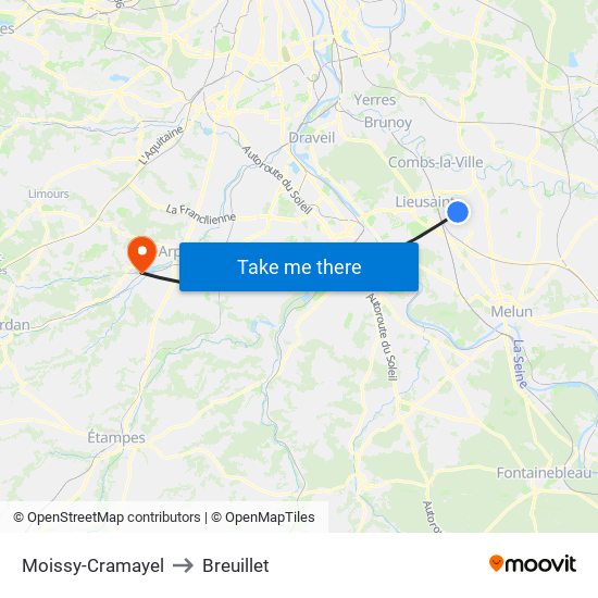 Moissy-Cramayel to Breuillet map