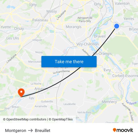 Montgeron to Breuillet map
