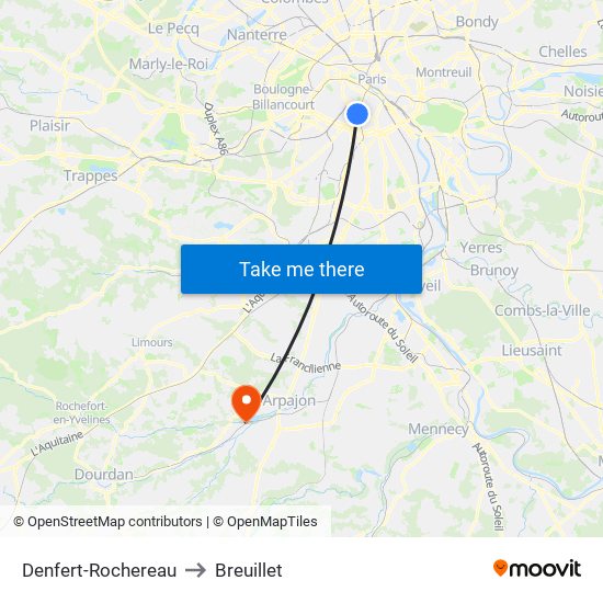 Denfert-Rochereau to Breuillet map