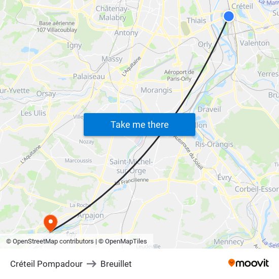 Créteil Pompadour to Breuillet map