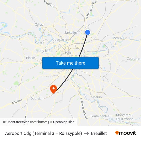 Aéroport Cdg (Terminal 3 – Roissypôle) to Breuillet map