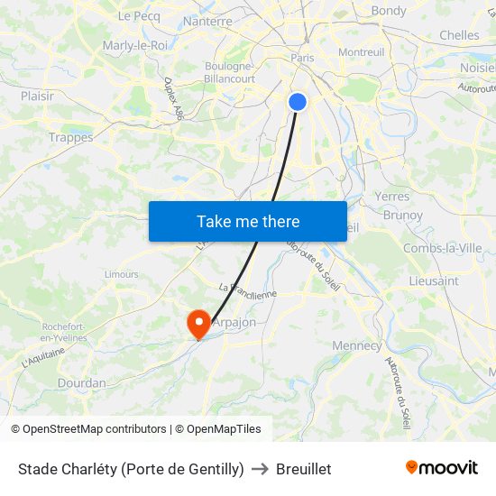 Stade Charléty (Porte de Gentilly) to Breuillet map