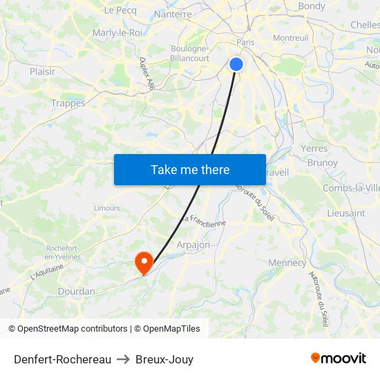 Denfert-Rochereau to Breux-Jouy map
