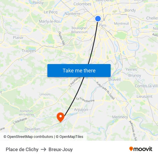 Place de Clichy to Breux-Jouy map