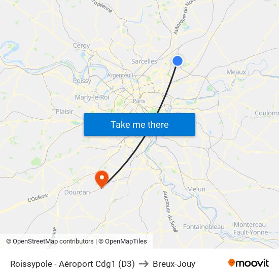 Roissypole - Aéroport Cdg1 (D3) to Breux-Jouy map