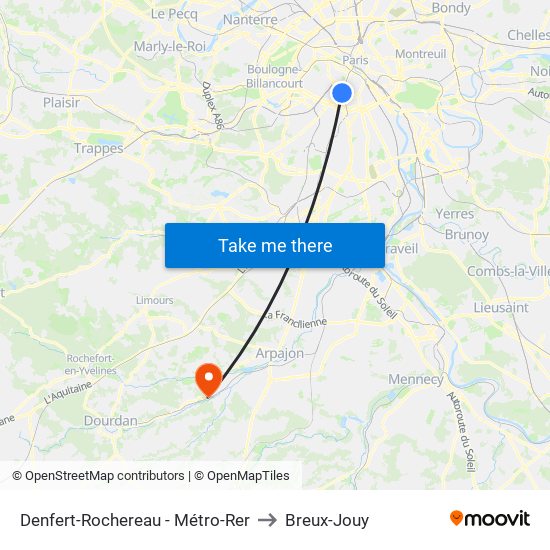 Denfert-Rochereau - Métro-Rer to Breux-Jouy map