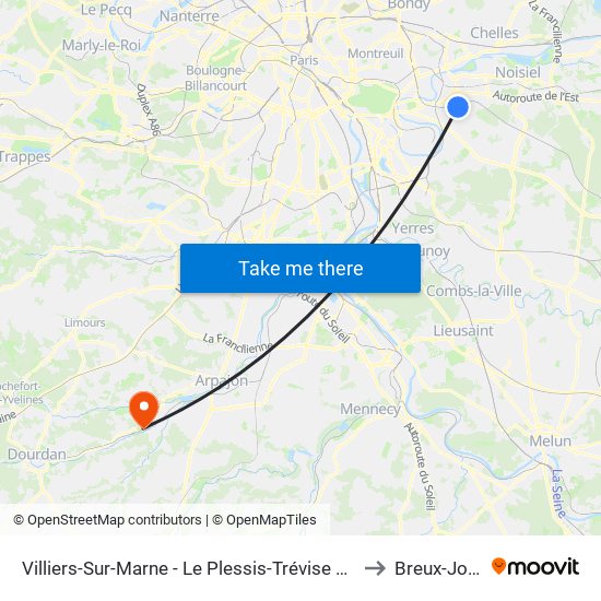 Villiers-Sur-Marne - Le Plessis-Trévise RER to Breux-Jouy map