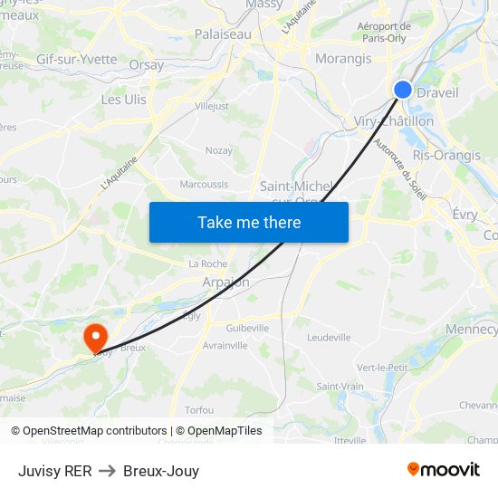 Juvisy RER to Breux-Jouy map