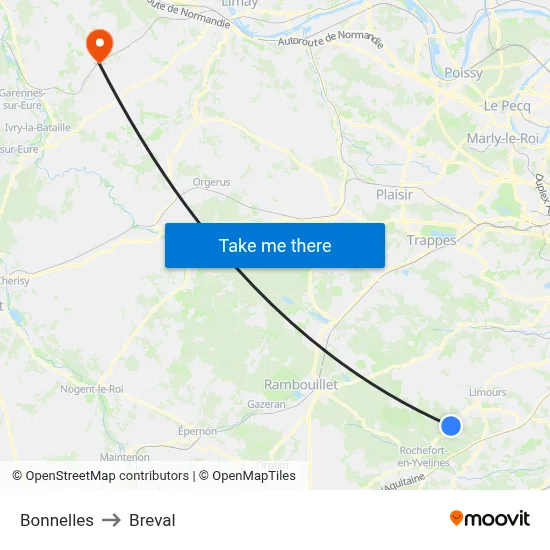 Bonnelles to Breval map