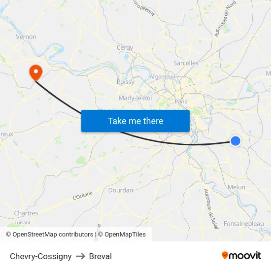 Chevry-Cossigny to Breval map