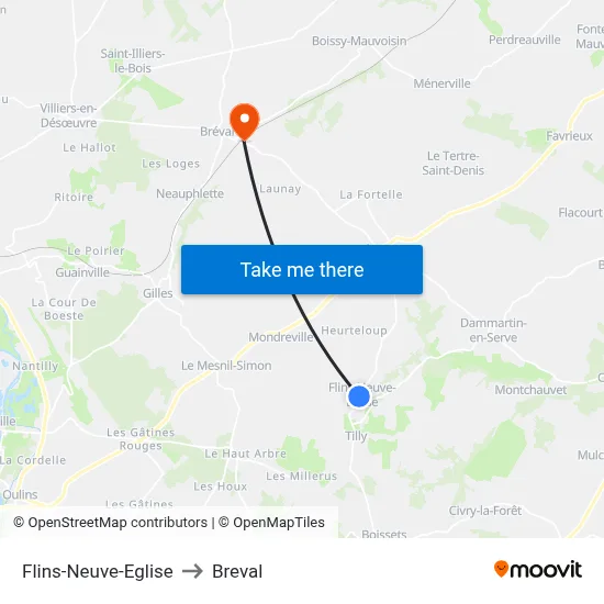 Flins-Neuve-Eglise to Breval map