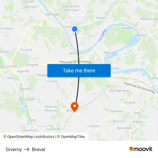 Giverny to Breval map