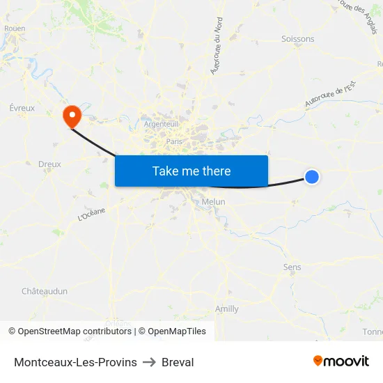 Montceaux-Les-Provins to Breval map