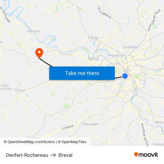 Denfert-Rochereau to Breval map