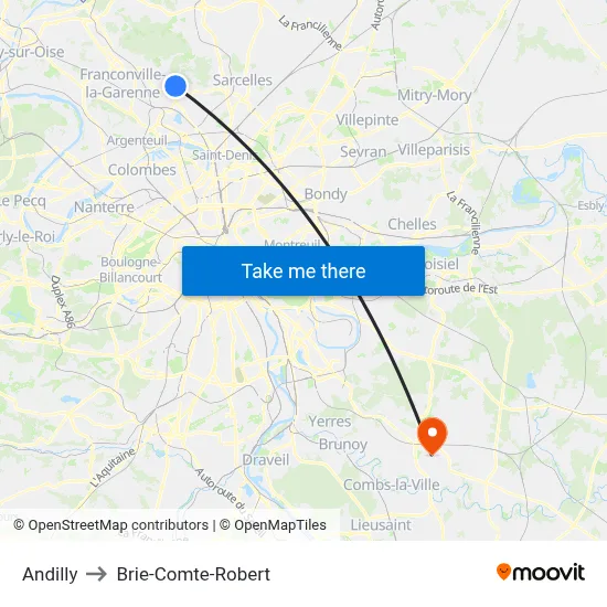 Andilly to Brie-Comte-Robert map