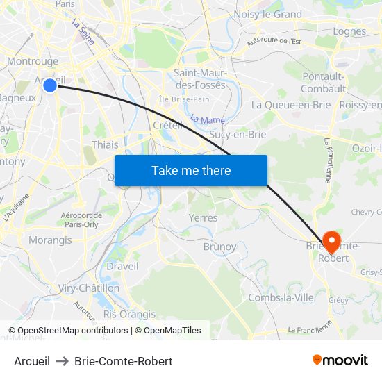 Arcueil to Brie-Comte-Robert map