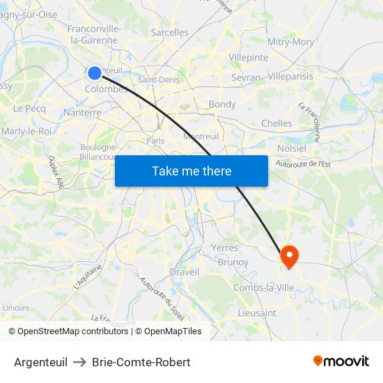 Argenteuil to Brie-Comte-Robert map