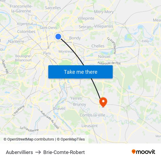 Aubervilliers to Brie-Comte-Robert map