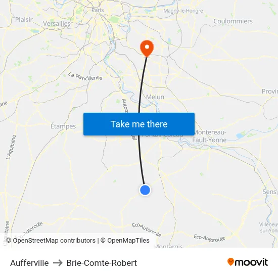 Aufferville to Brie-Comte-Robert map
