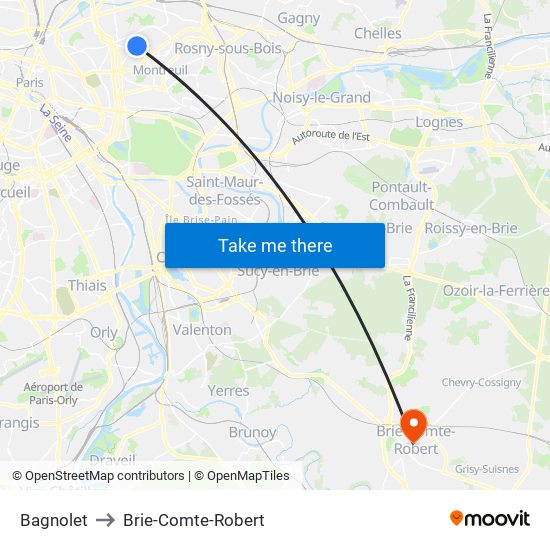 Bagnolet to Brie-Comte-Robert map