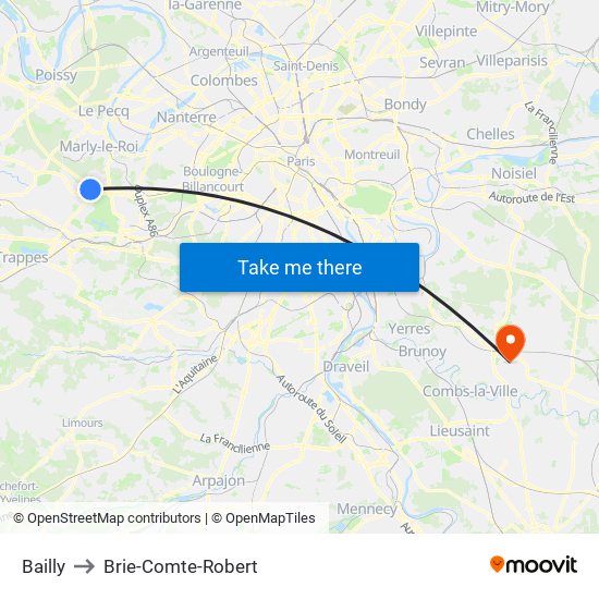 Bailly to Brie-Comte-Robert map
