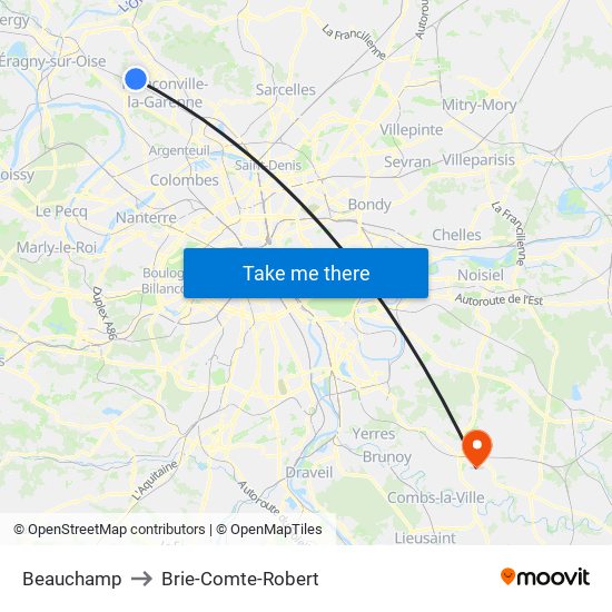 Beauchamp to Brie-Comte-Robert map