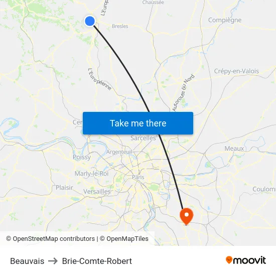 Beauvais to Brie-Comte-Robert map