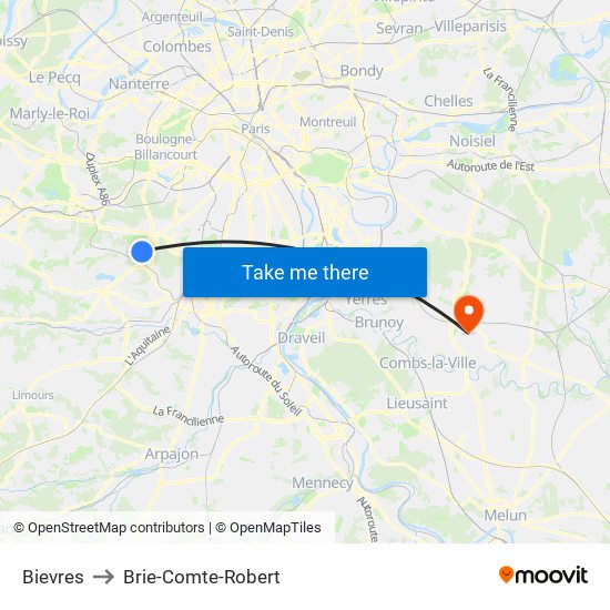 Bievres to Brie-Comte-Robert map