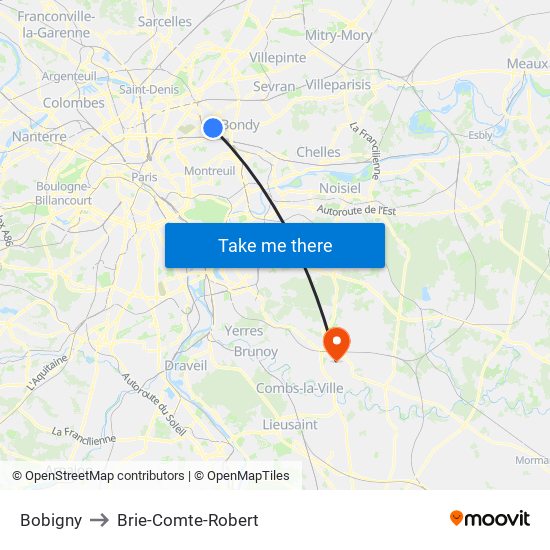 Bobigny to Brie-Comte-Robert map