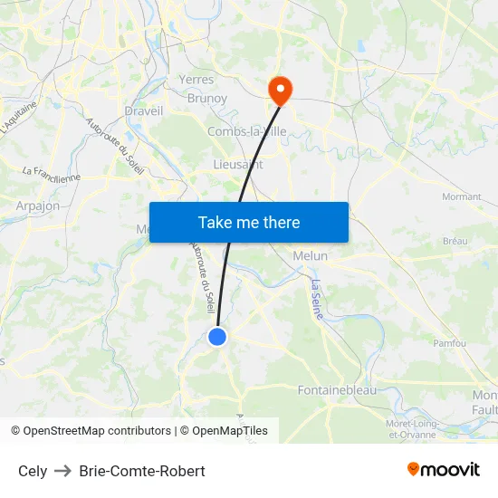 Cely to Brie-Comte-Robert map