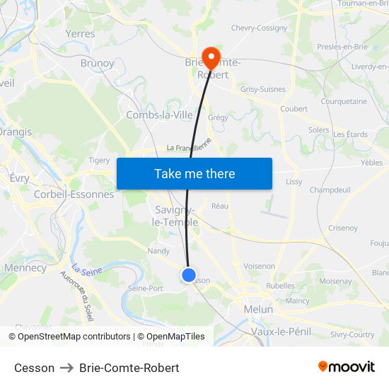 Cesson to Brie-Comte-Robert map