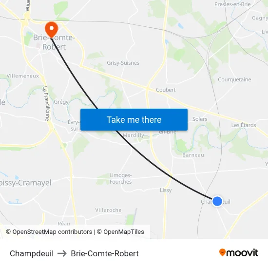 Champdeuil to Brie-Comte-Robert map